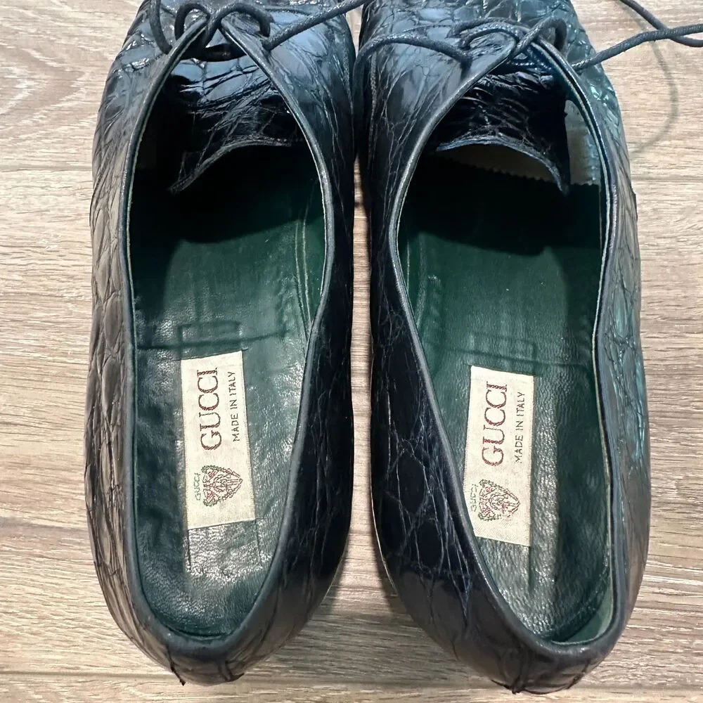 Vintage Gucci Black Alligator Leather Lace Up Derby Dress Shoes Mens Size 10